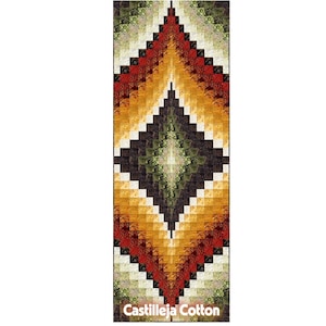 Puede incluir: Un edredón rectangular con un patrón de diamantes geométricos. El edredón presenta un degradado de color de verde a rojo a amarillo, con un centro negro. El texto "Castilleja Cotton" está en la parte inferior.