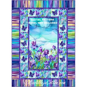 Puede incluir: Un panel de patrón digital con un diseño de acuarela de iris y mariposas en tonos morados, azules y verdes. El texto "DIGITAL PATTERN PANEL NOT INCLUDED" es visible. El diseño está enmarcado con un borde de mariposas.