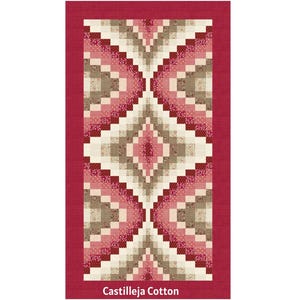 May include: A rectangular fabric panel featuring a geometric diamond pattern in shades of pink, cream, and taupe, surrounded by a solid dark red border. The text Castilleja Cotton is printed in white at the bottom of the red border area.