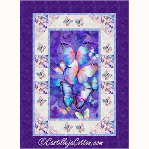 May include: A fabric panel featuring a vibrant butterfly design. The central image showcases several large butterflies in shades of blue, pink, and purple against a purple background. The panel is framed with a white border adorned with smaller butterfly motifs and a deep purple border.