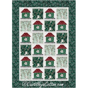 May include: A quilt featuring a repeating pattern of green birdhouses with red roofs, set against a backdrop of floral and bird motifs. The birdhouses are framed by a white border and surrounded by a dark green floral border. The text "CastillejaCotton.com" is at the bottom.