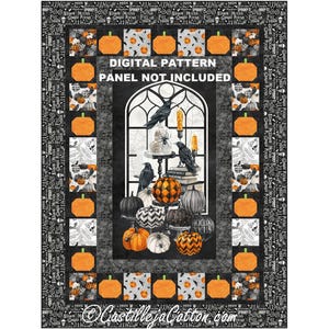 May include: A Halloween digital pattern panel with pumpkins, ravens, and candles. The design includes a central window scene with stacked pumpkins and ravens, surrounded by pumpkin and patterned blocks. The text "DIGITAL PATTERN PANEL NOT INCLUDED" is visible.