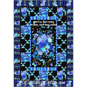 May include: A digitally printed fabric panel featuring a vibrant floral and butterfly design in shades of blue, black, and gold. The panel includes the text "DIGITAL PATTERN PANEL NOT INCLUDED" and the website "CastillejaCotton.com".