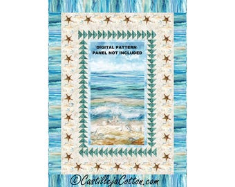 May include: A fabric panel featuring a watercolor beach scene with ocean waves and a sandy shore. The panel is bordered by a blue and white striped pattern, with starfish and teal triangles. Text reads "DIGITAL PATTERN PANEL NOT INCLUDED".
