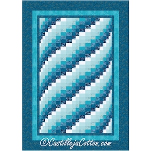 May include: A quilted textile with a diagonal pattern of blue and white squares. The quilt has a dark blue border and a lighter blue inner frame. The text "CastillejaCotton.com" is in the lower right corner.