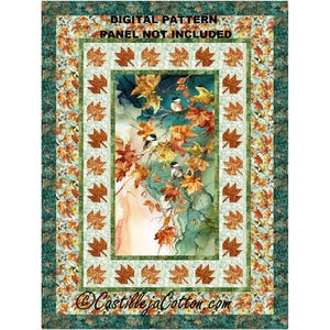 Op de afbeelding: Een digitaal bedrukt quiltpaneel met een centrale afbeelding van vogels op takken met herfstbladeren. Het paneel is omlijst door bladranden en een zeegroene achtergrond. Tekst omvat "DIGITAL PATTERN PANEL NOT INCLUDED" en "CastillejaCotton.com".