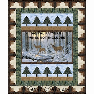 May include: A digital quilting pattern featuring a winter scene with deer in a snowy forest. The pattern includes a border of brown and beige squares. The text "DIGITAL PATTERN PANEL NOT INCLUDED" is printed on the pattern.
