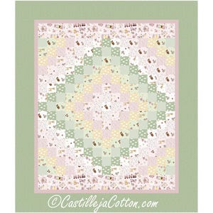 May include: A patchwork quilt with a light green border and a pink dotted inner border. The quilt features a diamond pattern in shades of pink, green, and yellow, with small patterned squares. The bottom right corner of the quilt has the text "CastillejaCotton.com".