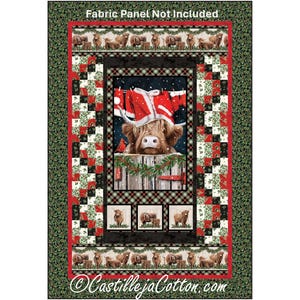May include: A quilt pattern featuring a Highland cow wearing a Santa hat and a red and white checked shirt. The pattern includes a border of holly leaves and berries, and a centre panel with a checked background. The quilt pattern is titled "Castilleja Cotton.com".
