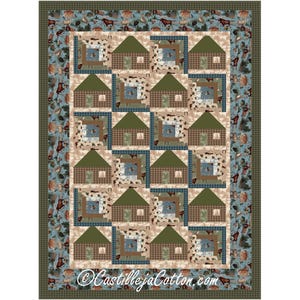 May include: A patchwork quilt with a repeating pattern of houses with green roofs and brown walls. The houses are set against a light beige background with a blue border. The quilt has a green border with a nature-themed pattern. The text "CastillejaCotton.com" is at the bottom.
