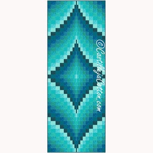 Op de afbeelding: Een quilt met een diamantpatroon in teal en blauw met een wit tekstwatermerk dat "CastillejaCotton.com" luidt.
