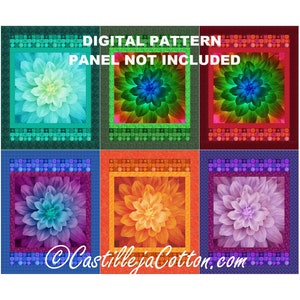 May include: Digital pattern for a quilt featuring six different colored squares with a floral design in the center of each square. The squares are surrounded by a border of small circles. The text "DIGITAL PATTERN PANEL NOT INCLUDED" is at the top of the image.