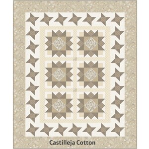 Puede incluir: Un edredón beige y crema con un diseño de estrellas. El edredón presenta un diseño central de seis bloques cuadrados con detalles en forma de estrella y patrones florales. El borde está adornado con formas de estrella y un patrón floral. El texto "Castilleja Cotton" está en la parte inferior.