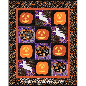 May include: A Halloween-themed quilt featuring orange jack-o'-lanterns, white ghosts, and purple and black patterned squares. The quilt has a black border with orange and white Halloween icons. The text "CastillejaCotton.com" is visible at the bottom.