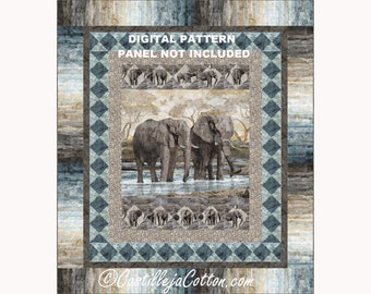 Elephants Queen Quilt ePattern, 5632-3e, digital pattern, elephant panel queen quilt pattern, Northcott fabrics New Dawn