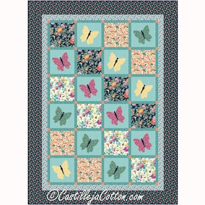 May include: A quilt with a blue background and a pattern of colourful butterflies. The butterflies are arranged in a grid pattern and are surrounded by a floral border. The quilt is made of fabric with a variety of floral prints.