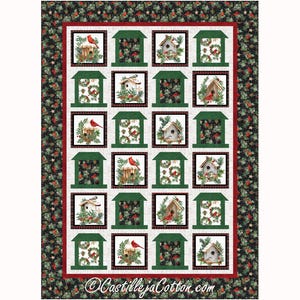 May include: A Christmas-themed quilt featuring a repeating pattern of birdhouses and cardinals. The birdhouses are framed by green window-like shapes and surrounded by wreaths and floral accents. The quilt has a black border with red and green floral designs.
