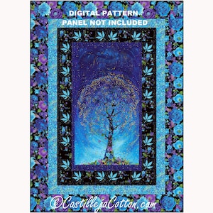 May include: Digital quilting pattern featuring a blue and gold tree with a starry background. The pattern is surrounded by a border of blue and purple flowers. The text "DIGITAL PATTERN PANEL NOT INCLUDED" is at the top of the image.