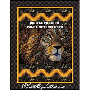 May include: A digital quilting pattern featuring a close-up of a lion's face with intricate details. The lion's mane is made up of a mosaic of gold, brown, and black colors. The background is a black and gold pattern. The text "DIGITAL PATTERN PANEL NOT INCLUDED" is displayed on the image.