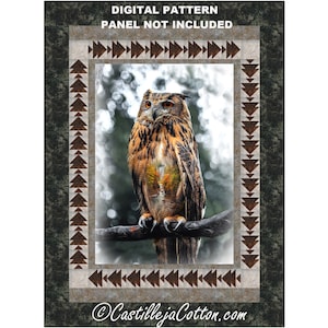 May include: A digital quilting pattern featuring a brown and white owl with a forest scene inside its body. The owl is perched on a branch with a blurred background of trees and bokeh. The pattern is surrounded by a brown and white geometric border.