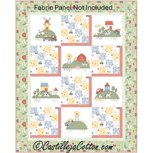 May include: A quilt pattern featuring a farm theme with a red barn, windmill, and farm animals. The pattern is made up of squares with a checkered design in blue, yellow, and white. The text "Fabric Panel Not Included" is at the top of the image. The text "CastillejaCotton.com" is at the bottom of the image.