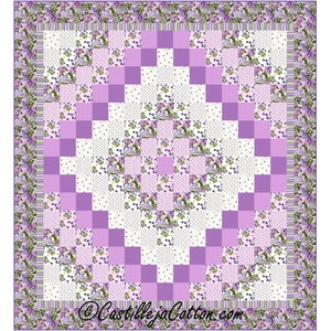 May include: A purple and white quilt with a floral pattern. The quilt is made up of squares and has a border of purple flowers. The quilt is made with a variety of fabrics, including floral prints, polka dots, and stripes. The quilt is a beautiful example of patchwork quilting.