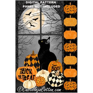 Black Cat and Pumpkins Quilt ePattern, 5507-1e, digital pattern, Halloween panel quilt pattern, Northcott Fabrics Black Cat Capers