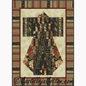 May include: A quilt pattern featuring a black and gold kimono with floral accents. The kimono is surrounded by a border of red, green and gold stripes. The quilt pattern is titled "Castilleja Cotton.com".