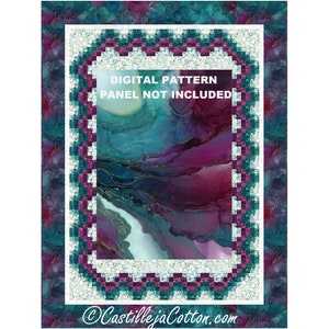 Puede incluir: Patrón de acolchado digital con un diseño abstracto en azul verdoso, morado y dorado con un borde blanco y azul verdoso. El texto "DIGITAL PATTERN PANEL NOT INCLUDED" se muestra en la imagen.