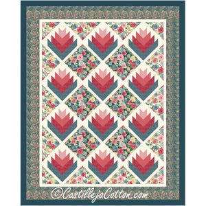 May include: A floral quilt with a repeating pattern of red and pink geometric shapes on a cream background. The shapes are set within teal diamonds, surrounded by floral fabric. The quilt has a teal border with a floral pattern and the text "CastillejaCotton.com".