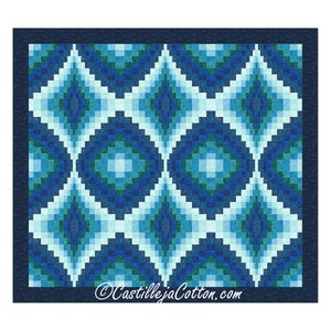 May include: A blue and green quilt with a geometric pattern of diamonds and circles. The quilt is bordered in dark blue. The text "CastillejaCotton.com" is in the bottom right corner.