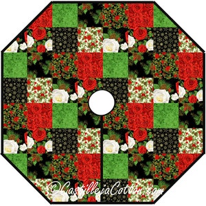 May include: A Christmas tree skirt with a patchwork design. The skirt features squares of red roses, white roses, green foliage, and black backgrounds with snowflakes and pinecones. The skirt has a white center hole and a black border.