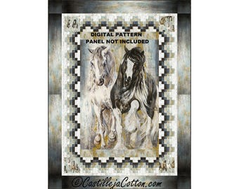 May include: Digital pattern for a quilt featuring two horses, one white and one black, with a checkered border. The text "DIGITAL PATTERN PANEL NOT INCLUDED" is displayed on the image.