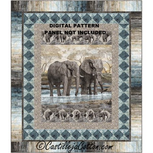 Modello digitale per trapunta matrimoniale Elephants, 5632-1e, modello digitale, modello per trapunta matrimoniale Elephant Panel, tessuti Northcott New Dawn