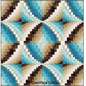 Könnte beinhalten: Ein Steppdecke mit einem sich wiederholenden geometrischen Muster aus Quadraten in Türkis, Hellblau, Beige, Braun und Weiß. Das Design besteht aus diagonalen Linien kleiner Quadrate, die einen Gittereffekt erzeugen. Der Text Castilleja Cotton ist sichtbar.