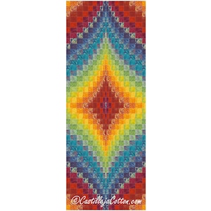 Könnte beinhalten: Ein farbenfroher Quilt mit einem Diamantenmuster in Rot-, Orange-, Gelb-, Grün-, Blau- und Violetttönen. Der Quilt besteht aus kleinen Quadraten und ist symmetrisch.