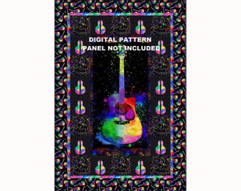 Könnte beinhalten: Ein digitales Muster mit einer bunten Akustikgitarre auf schwarzem Hintergrund und einem Rand aus regenbogenfarbenen Gitarren. Der Text "DIGITAL PATTERN PANEL NOT INCLUDED" ist auf dem Bild gedruckt.