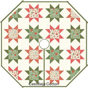 May include: An octagonal Christmas tree skirt made of Castilleja Cotton featuring a cream background with small dots and a repeating pattern of red and green star blocks. The blocks contain festive prints of Santa, trees, and ornaments.