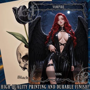 May include: A fantasy art card featuring a red-haired vampire with black wings, wearing a black outfit. The card includes the word "VAMPIRE" at the top and "FLYING" at the bottom. A black tulip and skull are on the left. The text "HIGH QUALITY PRINTING AND DURABLE FINISH!" is at the bottom.