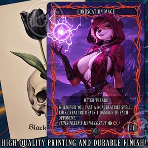 Könnte beinhalten: Eine Fantasy-Art-Karte mit einer weiblichen Otter-Zauberin in einem roten Kapuzen-Outfit, die eine leuchtende lila Kugel hält. Die Karte trägt die Aufschrift "Coruscation Mage" und "Otter Wizard". Eine zweite Karte zeigt eine schwarze Tulpe und einen Schädel.