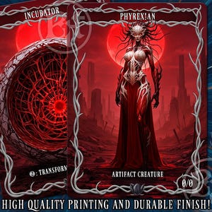 Puede incluir: Dos cartas de arte fantástico en rojo y blanco. Una muestra un orbe rojo con un diseño de telaraña, la otra una figura humanoide con un vestido rojo. Las cartas tienen un borde blanco en forma de vid y el texto "INCUBATOR" y "PHYREXIAN".