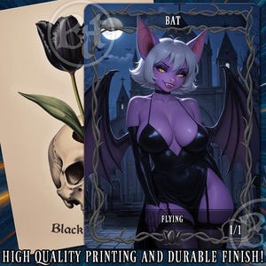 May include: A fantasy art card depicting a purple bat-like character with white hair and bat wings, in a black outfit. The card also shows a black tulip and skull. Text includes "BAT" and "FLYING". The card is labeled "1/1".