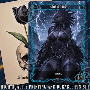 May include: Two fantasy art cards. One features a black tulip emerging from a skull. The other depicts a humanoid crow with black feathers, wearing dark clothing, and the text "STORM CROW" and "FLYING". The cards have the text "HIGH QUALITY PRINTING AND DURABLE FINISH!"