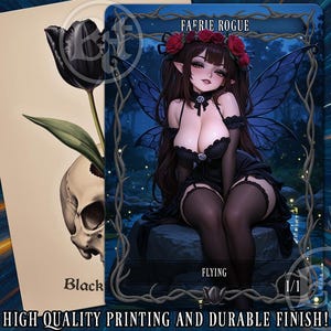 May include: A fantasy art card depicting a faerie rogue with dark hair, red roses, and blue wings. The card also shows a black tulip and a skull. Text includes "FAERIE ROGUE" and "FLYING".