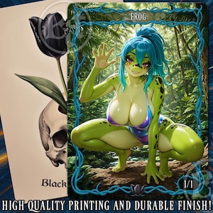 May include: A fantasy art card featuring a green frog-like character with blue hair and a swimsuit, set in a jungle scene. The card also shows a black tulip and a skull. Text includes "FROG" and "HIGH QUALITY PRINTING AND DURABLE FINISH!"