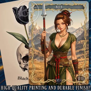 Puede incluir: Carta de arte fantástico con una mujer de verde sosteniendo una lanza, con el nombre "ALLY". La carta tiene un borde dorado y un fondo de montaña. Una segunda carta muestra un tulipán negro y una calavera. Texto: "HIGH QUALITY PRINTING AND DURABLE FINISH!"