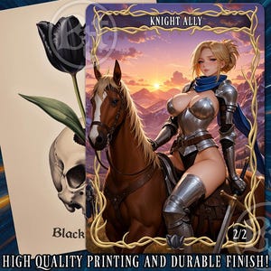 Puede incluir: Una tarjeta de arte de fantasía que presenta a una caballero montada a caballo, con un fondo de puesta de sol. La tarjeta está enmarcada en oro y tiene el texto "KNIGHT ALLY" en la parte superior. También tiene el texto "HIGH QUALITY PRINTING AND DURABLE FINISH!"