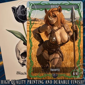 May include: Two fantasy art cards. One features a black tulip emerging from a skull, with the word "Black" below. The other card depicts a rhino-human hybrid with a spear, the word "Rhino" above, and "Trample" below.