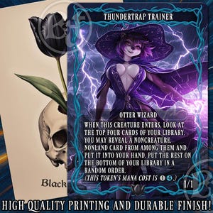 May include: A fantasy card featuring an otter wizard with purple hair and clothing, set against a backdrop of lightning. The card includes text describing the creature's abilities and a mana cost. A black tulip and skull are on a separate card.