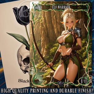 Puede incluir: Carta de arte de fantasía que presenta a una guerrera elfa con arco y flecha, vestida con armadura verde y plateada. La carta tiene un borde verde y el texto "ELF WARRIOR". Una segunda carta muestra un tulipán negro y una calavera. El texto "HIGH QUALITY PRINTING AND DURABLE FINISH!" está en la parte inferior.